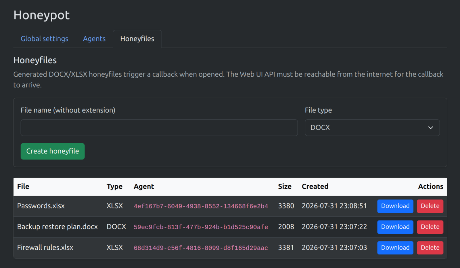 Intrudect honeyfile management: create uniquely named DOCX or XLSX honeyfiles in the Web UI, with a list of generated decoys — Passwords.xlsx, Backup restore plan.docx, Firewall rules.xlsx — each tied to an agent and ready to download and plant.