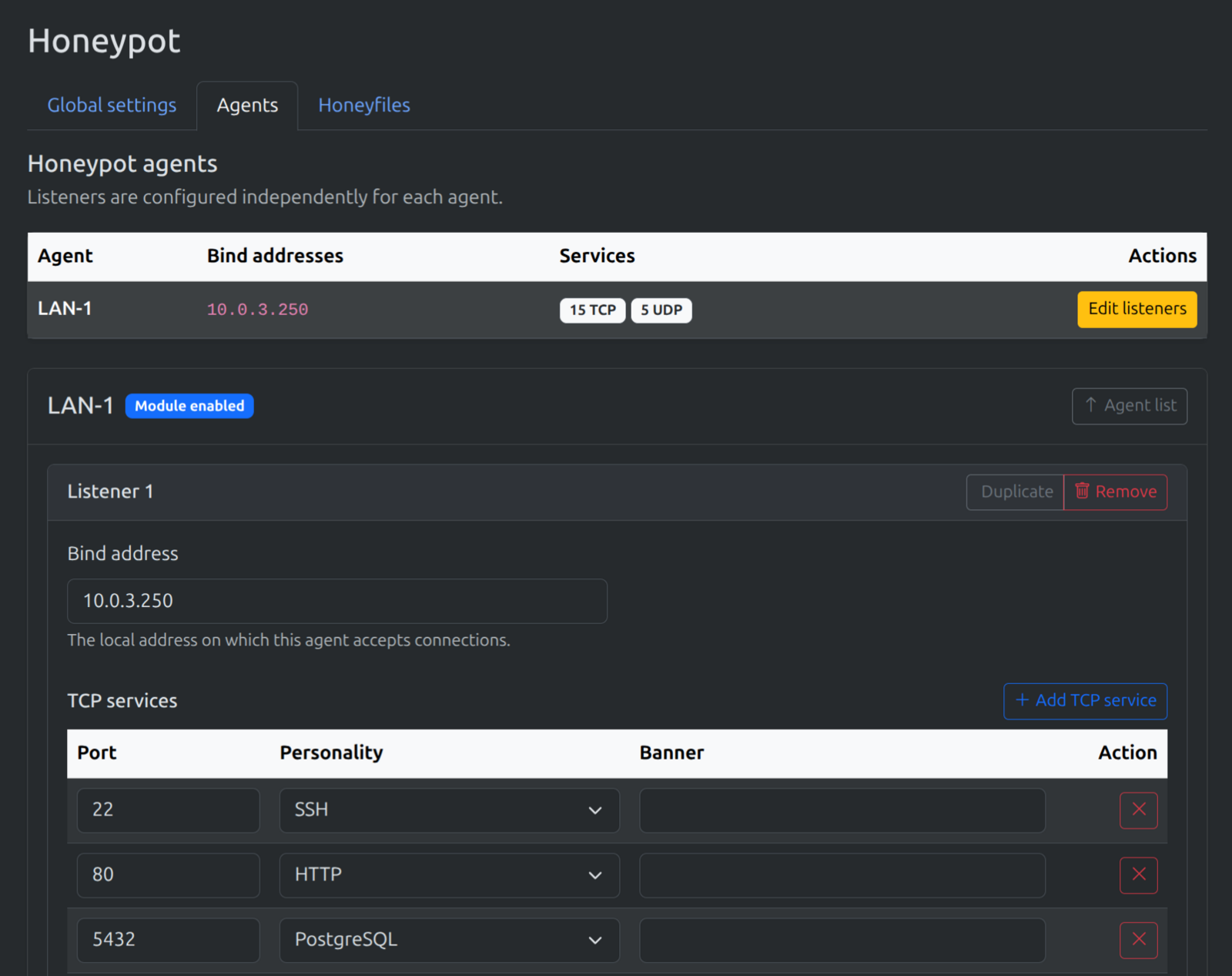 Intrudect honeypot configuration: an agent bound to an internal IP with 15 TCP and 5 UDP decoy services, each listener row pairing a port with a protocol personality such as SSH, HTTP, or PostgreSQL.